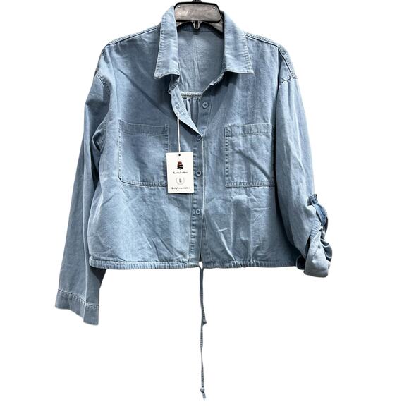 KWOKI FASHION Blue chambray long sleeve drawstring tab back sleeves NWT SZ L - Picture 1 of 6